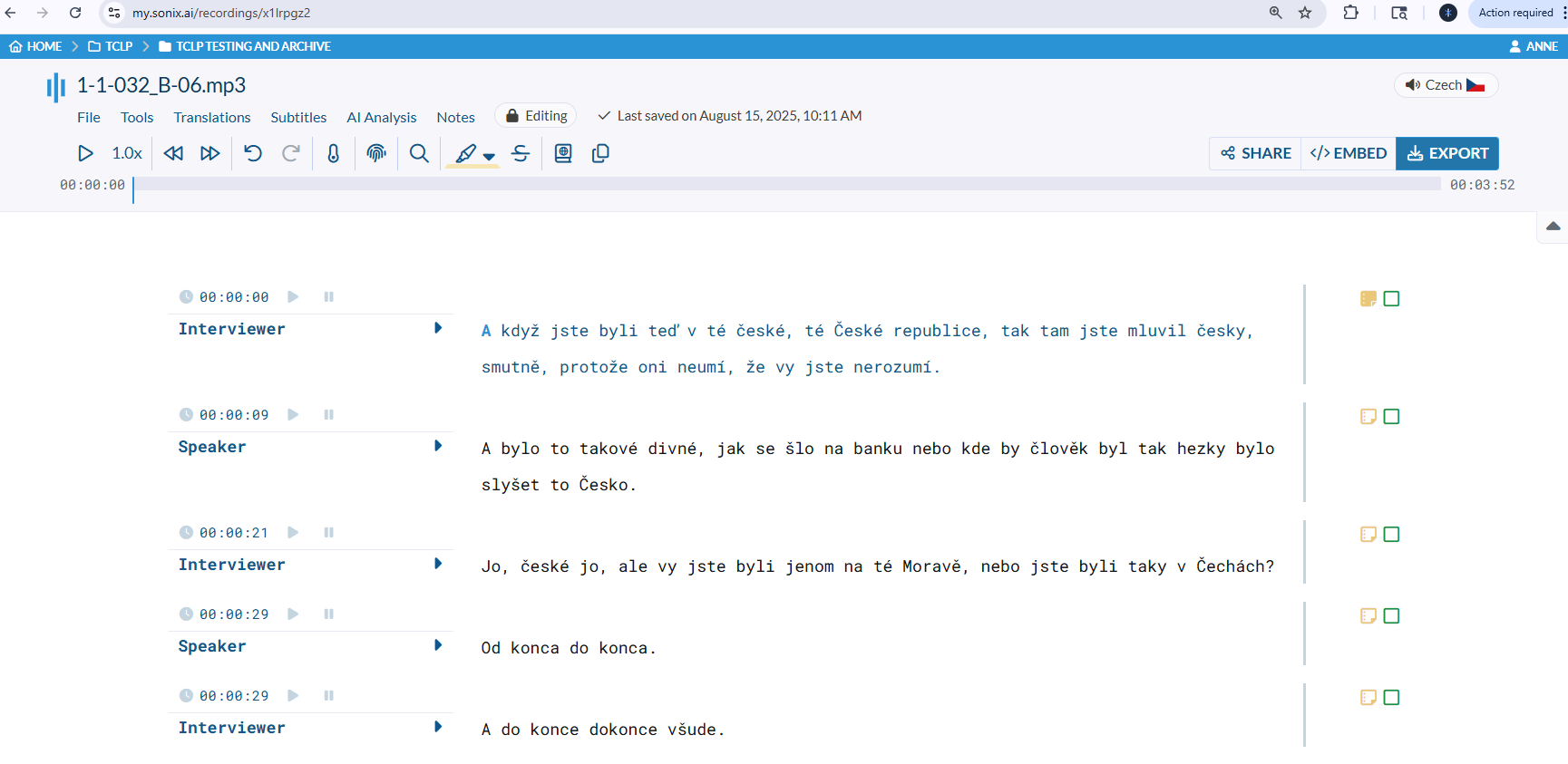 SONIX transcription screenshot