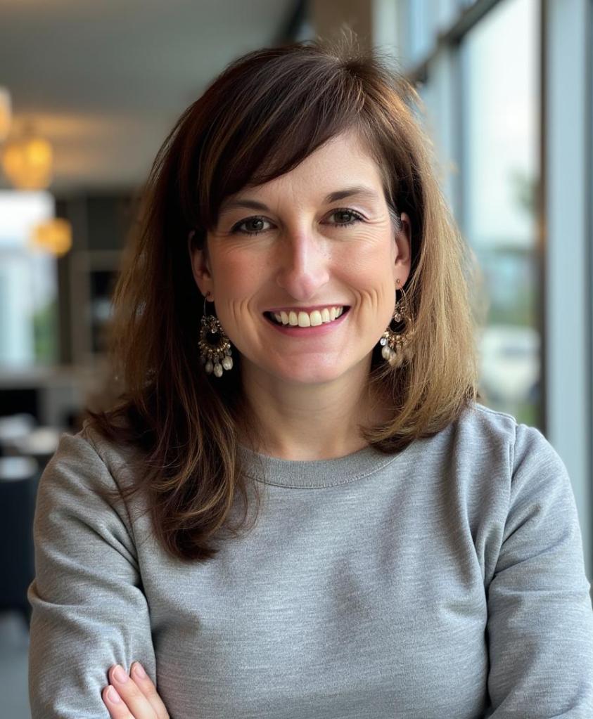Woman with light brown hair and grey shirt